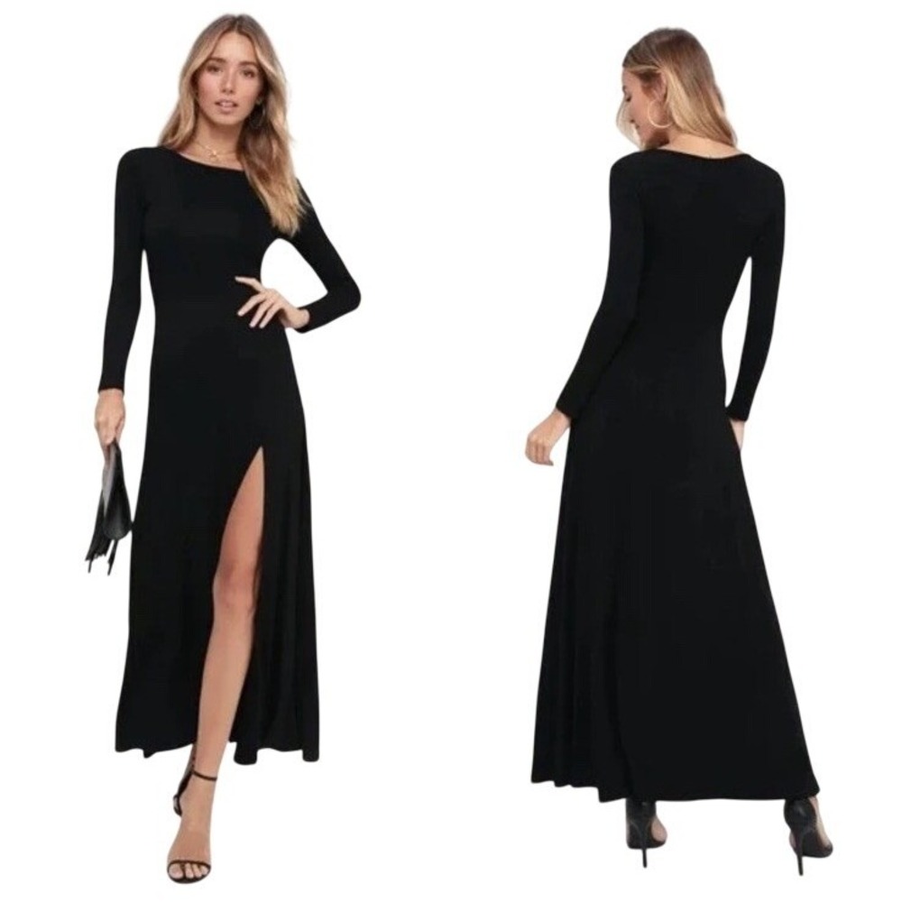 Lulus Black Maxi Dress Long Sleeve Slit Sz L Soft Jersey Stretch Goth Monochrome